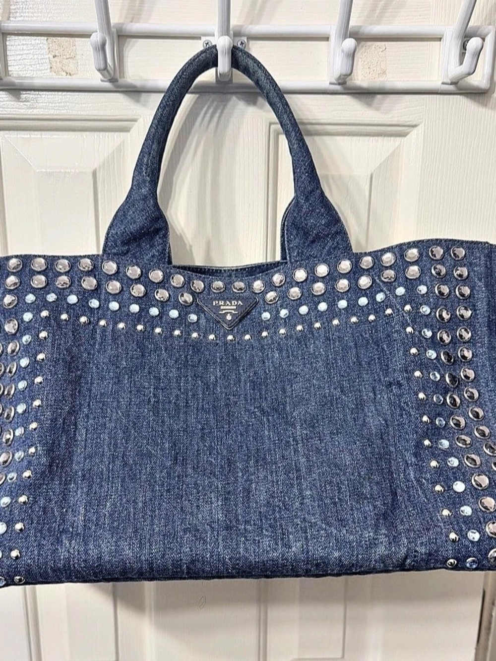 Prada Canapa Denim and Crystal Embellished Tote Bag in Blue